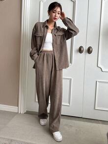 DAZY 翻蓋口袋落肩袖襯衫和褲子