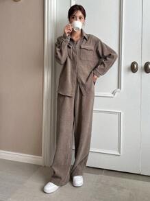 DAZY 翻蓋口袋落肩袖襯衫和褲子