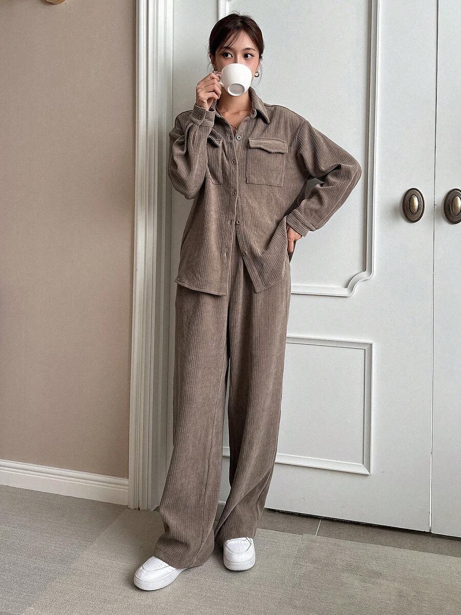 DAZY 翻蓋口袋落肩袖襯衫和褲子