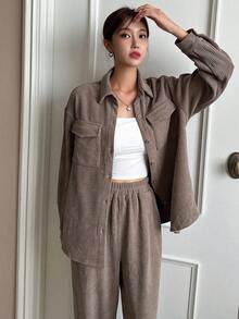 DAZY 翻蓋口袋落肩袖襯衫和褲子