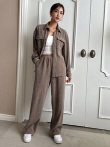 DAZY 翻蓋口袋落肩袖襯衫和褲子