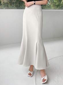 DAZY Solid Mermaid Hem Skirt - Beige - View 1