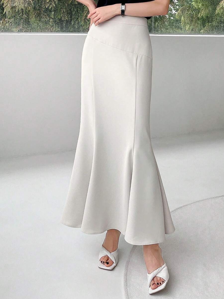 DAZY Solid Mermaid Hem Skirt - Beige - View 1
