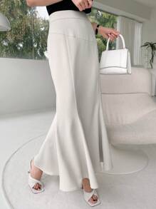 DAZY Solid Mermaid Hem Skirt - Beige - View 4