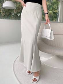 DAZY Solid Mermaid Hem Skirt - Beige - View 5