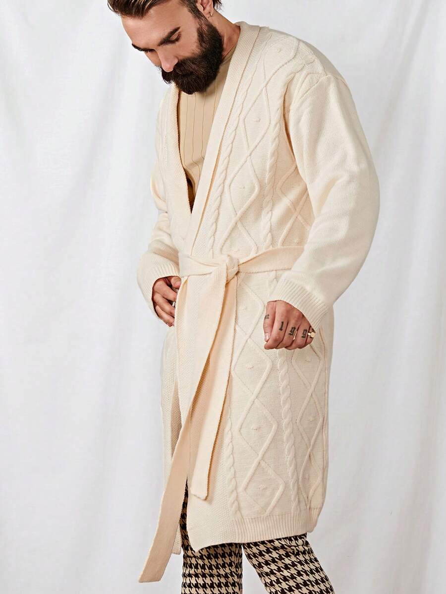 Manfinity VCAY 宽松款男士纯色系带长袖开衫 - 米色 - 查看 1