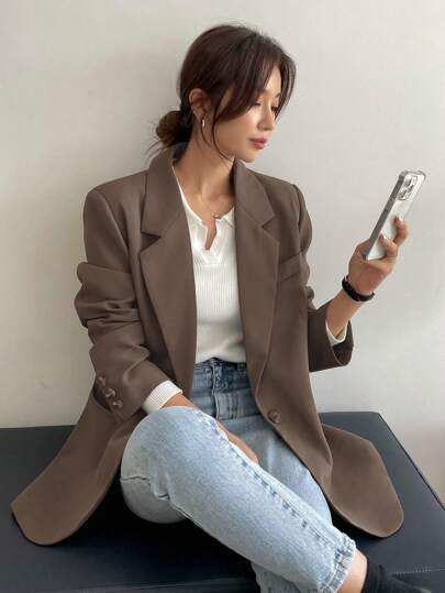 DAZY 女士纯色翻领长袖休闲商务西装外套，秋季服装