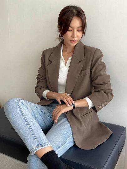 DAZY 女士纯色翻领长袖休闲商务西装外套，秋季服装