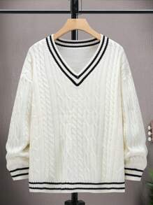 Manfinity Men Striped Trim Cable Knit Drop Shoulder Cricket Jumper - White - View 1