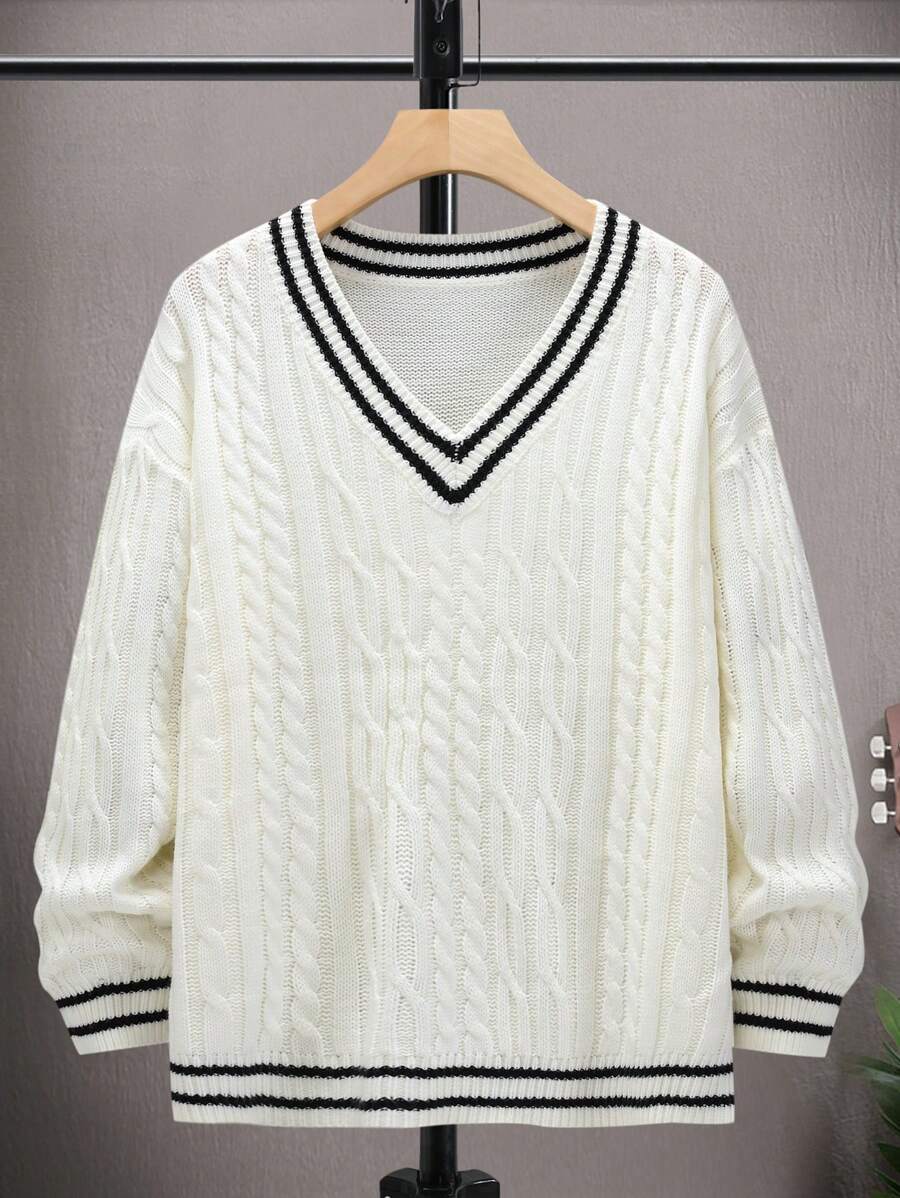 Manfinity Men Striped Trim Cable Knit Drop Shoulder Cricket Jumper - White - View 1