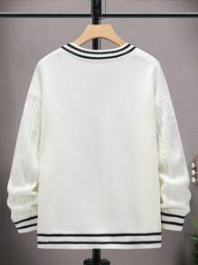 Manfinity Men Striped Trim Cable Knit Drop Shoulder Cricket Jumper - White - View 2