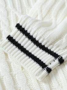 Manfinity Men Striped Trim Cable Knit Drop Shoulder Cricket Jumper - White - View 3