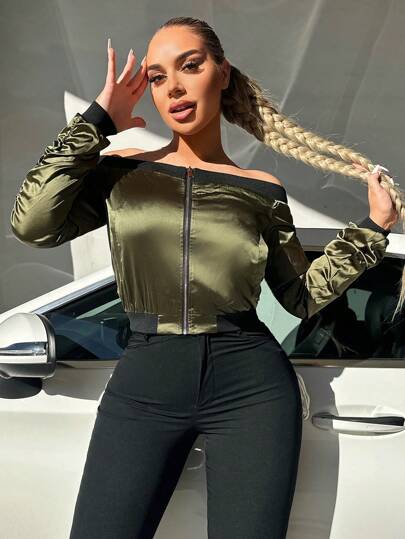 SHEIN SXY 一字肩拉鏈開襟夾克