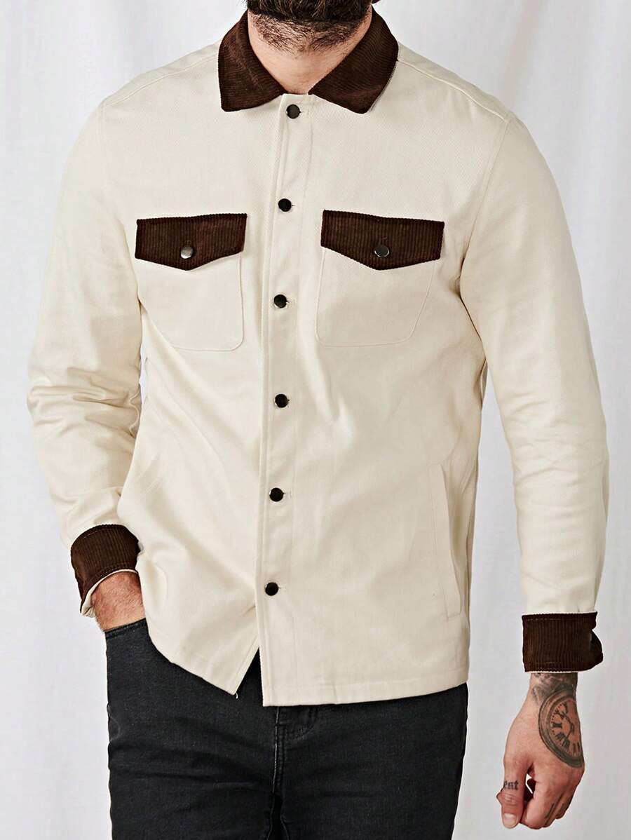 Manfinity VCAY Nam Cổ áo tương phản Túi có nắp Áo khoác - Màu be - Xem 1