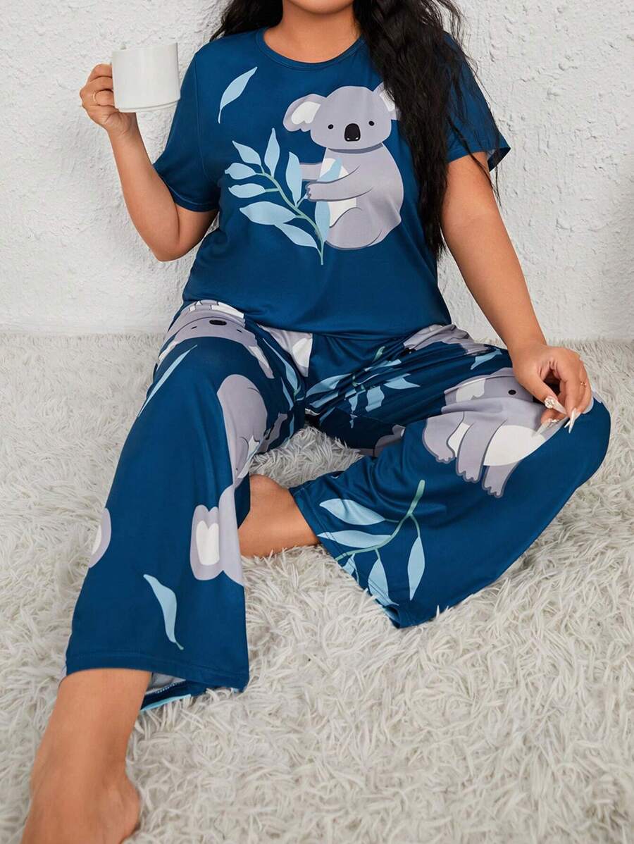 Plus Cartoon Graphic PJ Set / Pajama Set - Blue - View 1