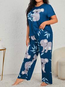 Plus Cartoon Graphic PJ Set / Pajama Set - Blue - View 4
