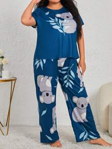 Plus Cartoon Graphic PJ Set / Pajama Set - Blue - View 5