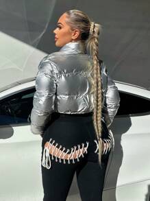 SHEIN SXY 拼色拉链抽绳下摆短款夹棉大衣 - 銀色 - 查看 2