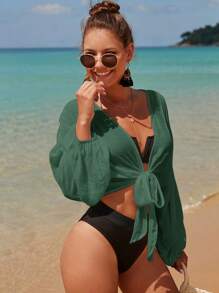 Swim Vcay Summer Beach Solid Tie Front Lantern Sleeve Crop Cover Up