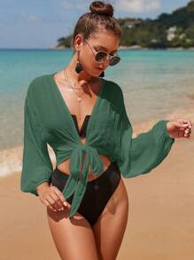 Swim Vcay Summer Beach Solid Tie Front Lantern Sleeve Crop Cover Up