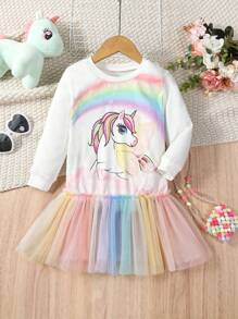 SHEIN Young Girl Unicorn Print Mesh Hem Dress - Multicolor - View 1