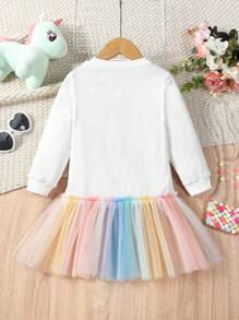 SHEIN Young Girl Unicorn Print Mesh Hem Dress - Multicolor - View 2