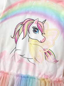 SHEIN Young Girl Unicorn Print Mesh Hem Dress - Multicolor - View 6