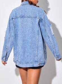 SHEIN PETITE Ripped Drop Shoulder Denim Jacket - Light Wash - View 2