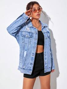 SHEIN PETITE Ripped Drop Shoulder Denim Jacket - Light Wash - View 4