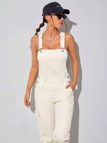 SHEIN PETITE Flap Pocket Denim Dungarees Without Top - Beige - View 5