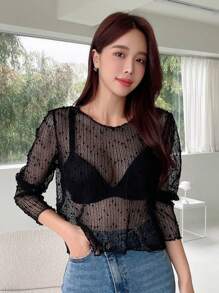 DAZY Swiss Dot Sheer Mesh Top Without Bra Going Out Tops Festival Long Sleeve Women Tops,Fall Women Clothes