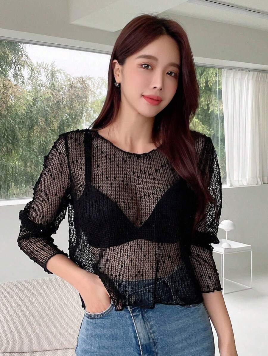 DAZY Swiss Dot Sheer Mesh Top Without Bra Going Out Tops Festival Long Sleeve Women Tops,Fall Women Clothes