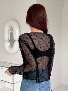 DAZY Swiss Dot Sheer Mesh Top Without Bra Going Out Tops Festival Long Sleeve Women Tops,Fall Women Clothes