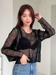 DAZY Swiss Dot Sheer Mesh Top Without Bra Going Out Tops Festival Long Sleeve Women Tops,Fall Women Clothes