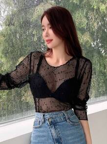 DAZY Swiss Dot Sheer Mesh Top Without Bra Going Out Tops Festival Long Sleeve Women Tops,Fall Women Clothes