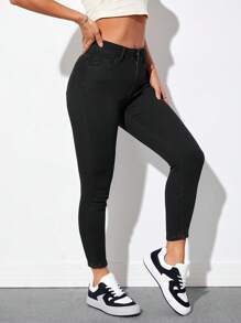 SHEIN PETITE Sólido Jeans Skinny - Preto - Visão 1