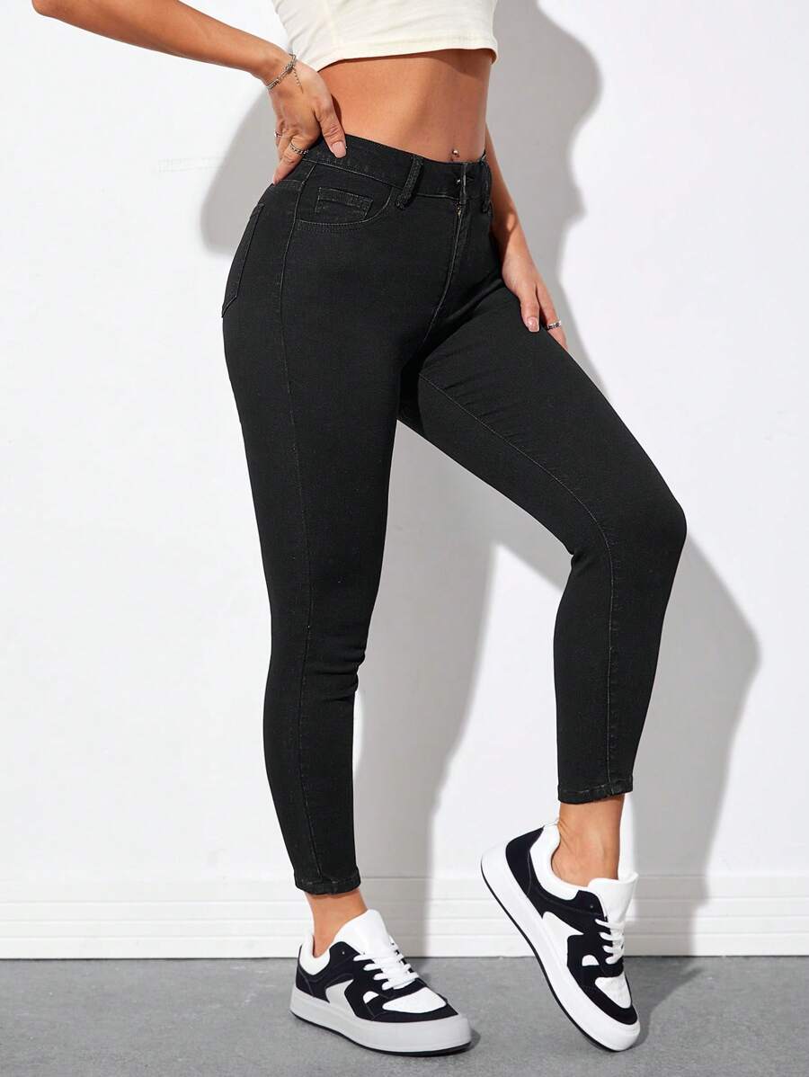 SHEIN PETITE Sólido Jeans Skinny - Preto - Visão 1