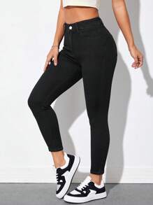 SHEIN PETITE Sólido Jeans Skinny - Preto - Visão 3