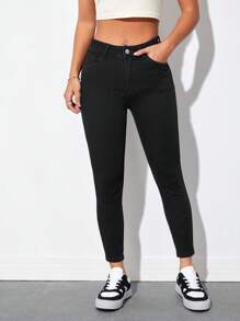 SHEIN PETITE Sólido Jeans Skinny - Preto - Visão 5