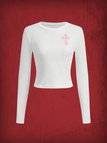 ROMWE Grunge Punk Cross Print Crop Tee - White - View 1