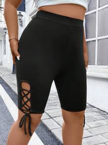 SHEIN LUNE 大碼側邊綁帶騎行褲 - 黑色 - 查看 1