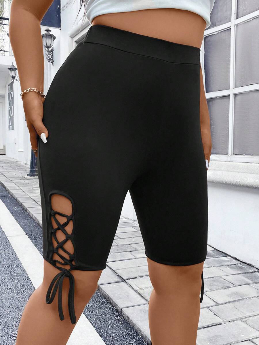 SHEIN LUNE 大碼側邊綁帶騎行褲 - 黑色 - 查看 1