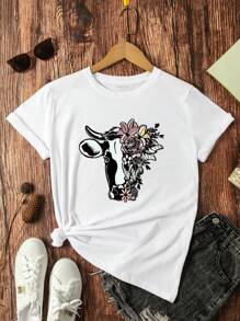 SHEIN LUNE 奶牛&印花T恤 - 白色 - 查看 1