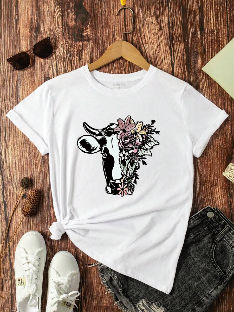 SHEIN LUNE 奶牛&印花T恤 - 白色 - 查看 1