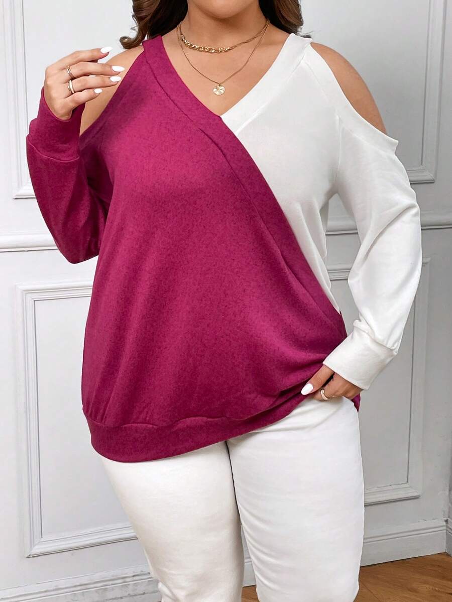 SHEIN LUNE 大碼雙色挖肩運動衫 - 紅白色 - 查看 1