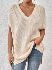 Chiquease Batwing Sleeve Split Hem Sweater Vest - Apricot - View 1