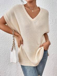 Chiquease Batwing Sleeve Split Hem Sweater Vest - Apricot - View 6