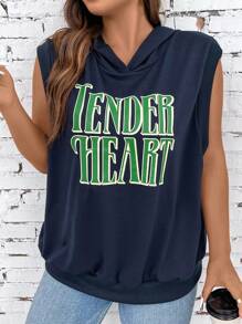 SHEIN LUNE 大碼標語圖案連帽衛衣 - 藏蓝色 - 查看 1