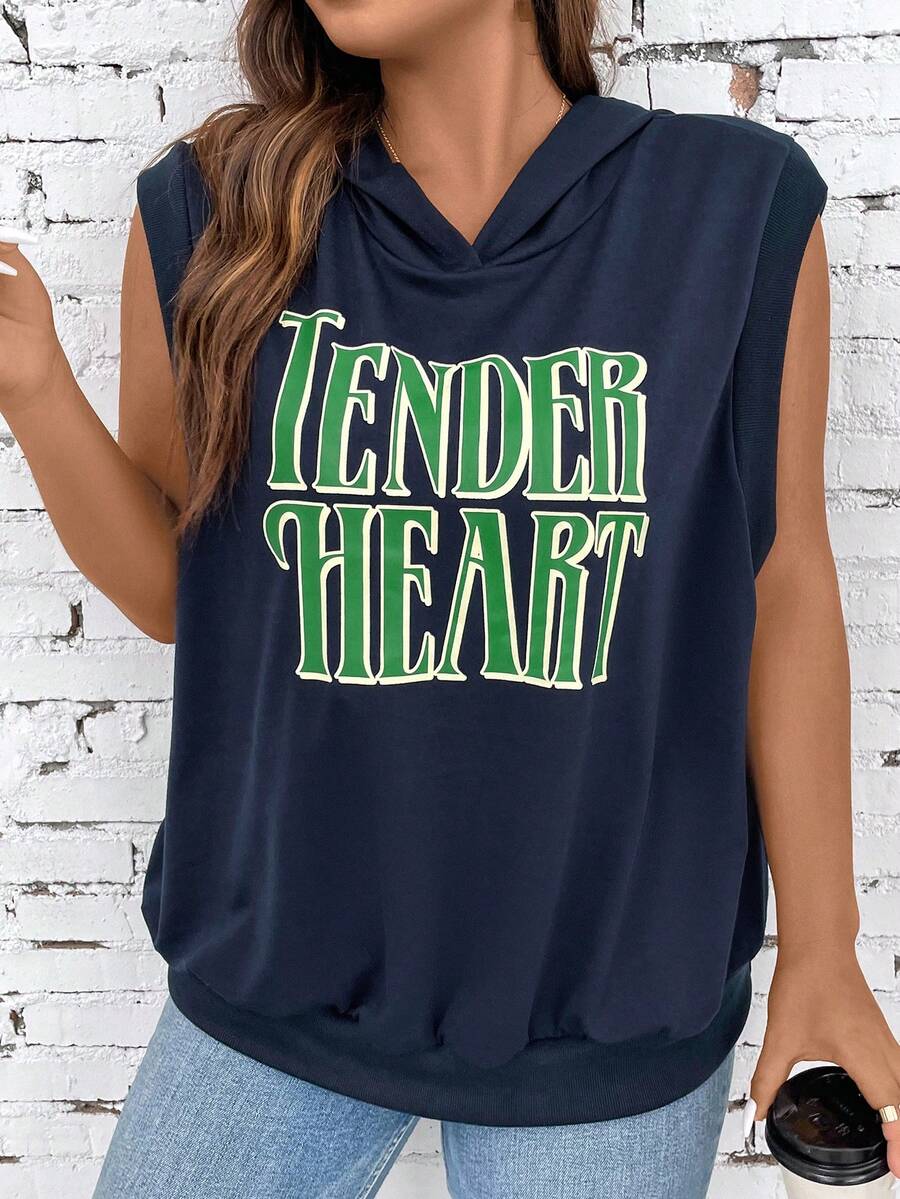 SHEIN LUNE 大碼標語圖案連帽衛衣 - 藏蓝色 - 查看 1