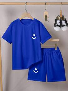 SHEIN Tween Boy Smiling Face Print Crew Neck Short Sleeve 2 Piece Set, Casual Everyday Outfit, Spring/Summer, School, Campus, College - Royal Blue - View 3